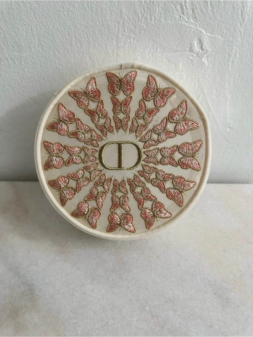 Dior Cream Round Cosmetic Case with Pink & Gold Butterfly Embroidery